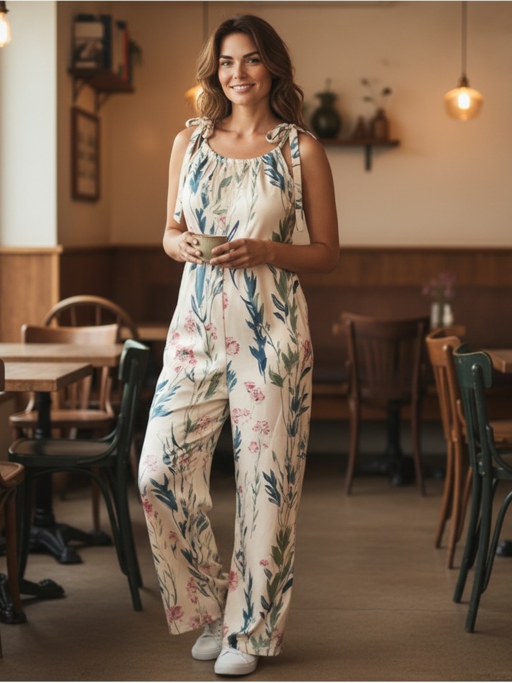 Floral Tie-Shoulder Wide-Leg Jumpsuit in Cream